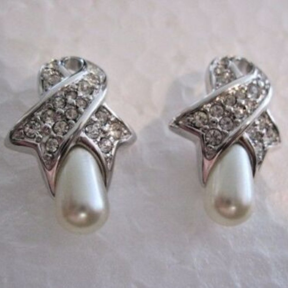 FLASH SALE ! Swarovski  Signed Silver tone Ribbon  Faux Pearl Pierced Earrings